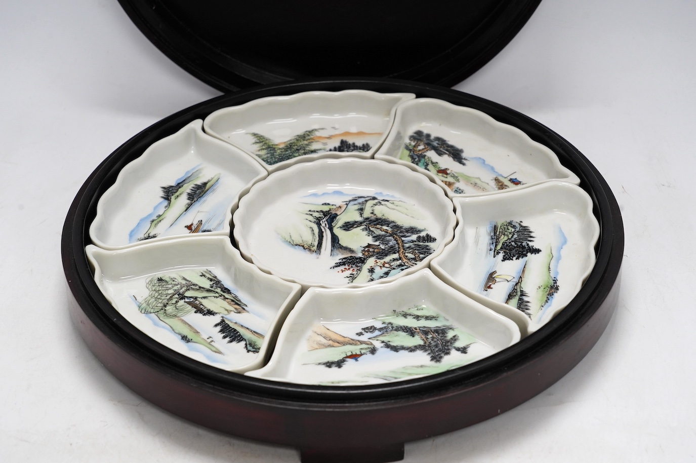 A circular wooden boxed Chinese decorated supper set, 32.5cm diameter. Condition - box marked, poor, supper set good